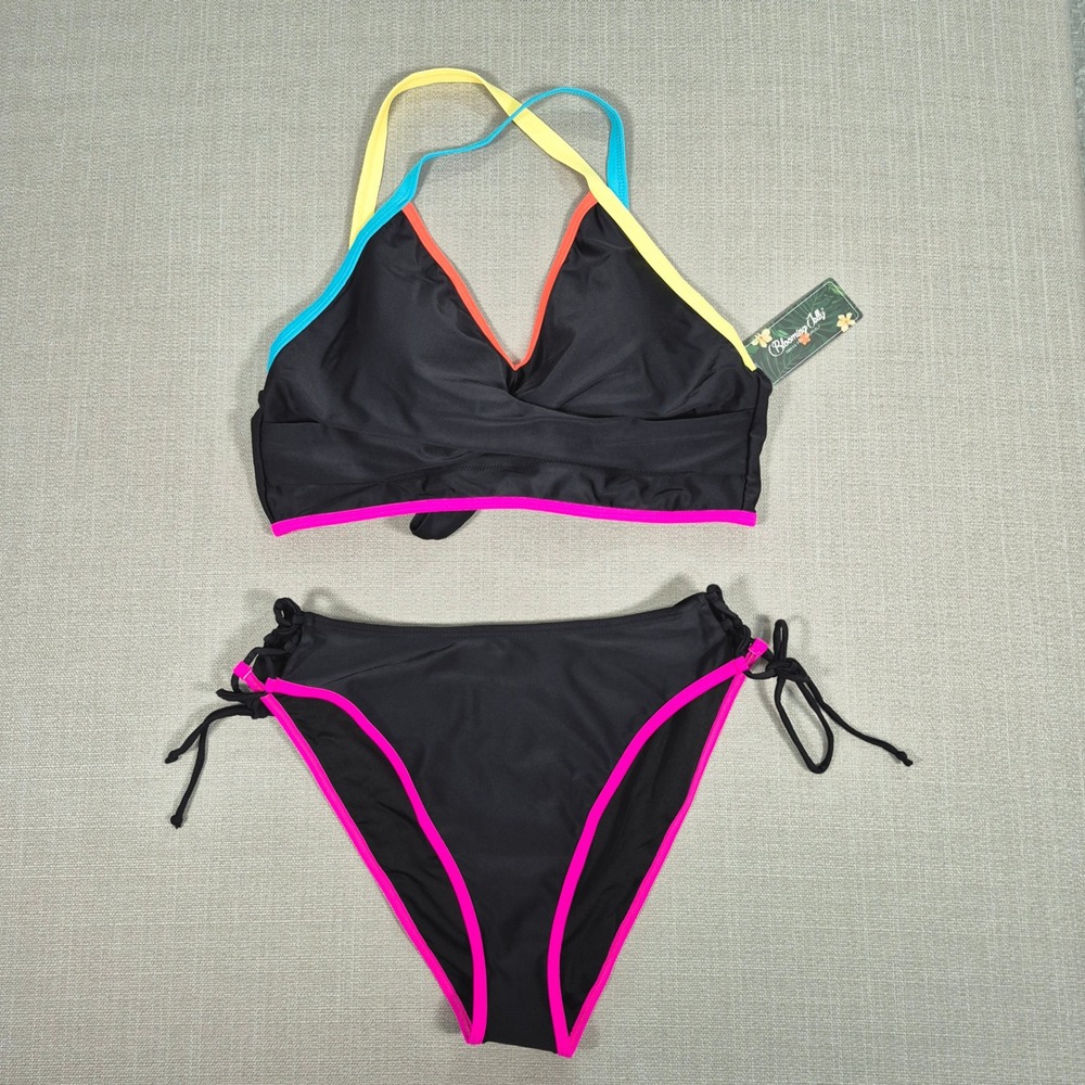 Blooming Jelly Womens Black Neon‎ Colorblock Bikini Set High Waisted Size L NEW